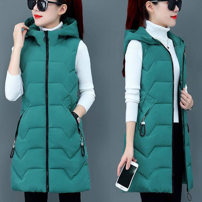 VANGULL Women Cotton Vest Winter Autumn Female Sleeveless Waistcoat Hooded Warm Long Vest Solid Coat