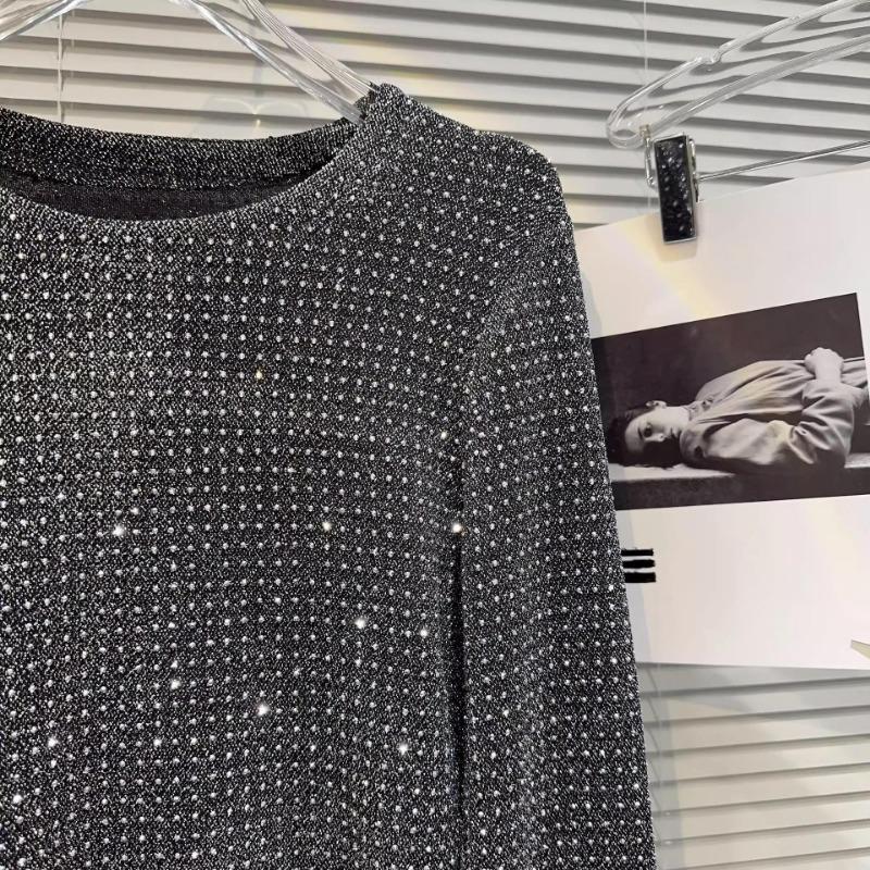 Autumn Winter Street Style Diamons Shiny Tee Women Long Sleeve All-match Bottomed T-shirt Female Pullover Top
