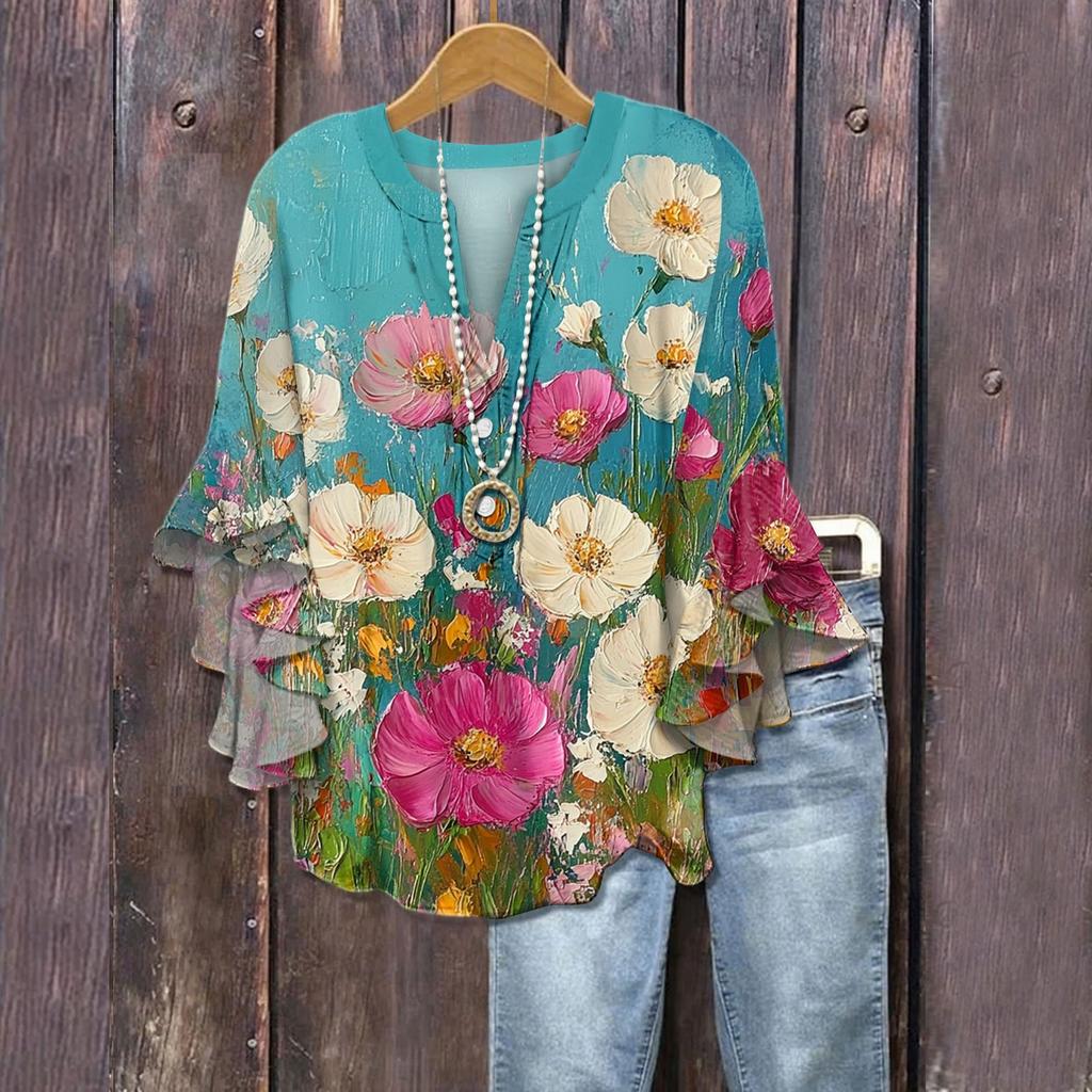 Damen Boho Patchwork Blumenbluse, Buntes Rüschenärmel Casual Top, Leichte Sommer Tunika