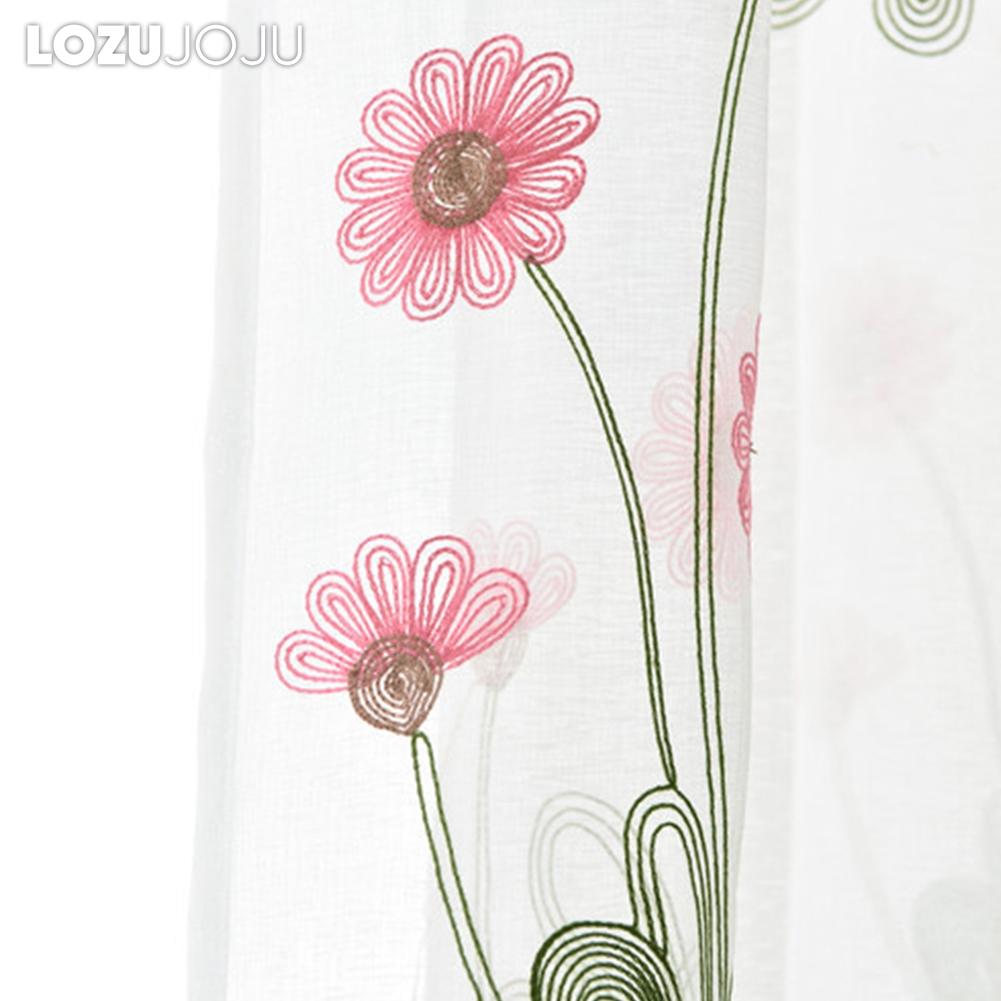 1PC LOZUJOJU 10-20% Blackout Rural Style Cartoon Pink Daisy Embroidered White Sheer Curtain for  Living Room Bedroom Window Decoration Home Decor