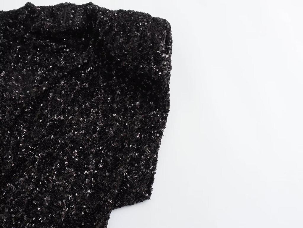 Y2K Winter Schwarzes Pailletten-Mini-Kleid mit Schulterpolstern - Ärmellose Abendgarderobe