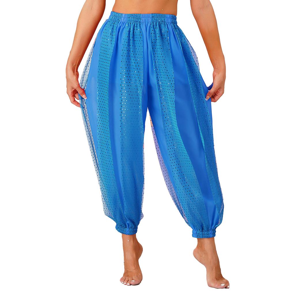 Womens Semi Sheer Chiffon Pants Sequined Dot Design Elastic Waist Belly Dance Performance Trousers
