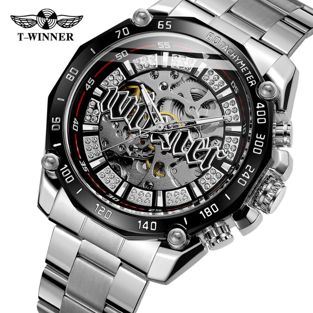 Moda Vincitore Top Brand Uomo Casual Scheletrato Automatico Meccanico Cinturino Completamente in Acciaio Inossidabile Lusso Dorato Orologi da Business
