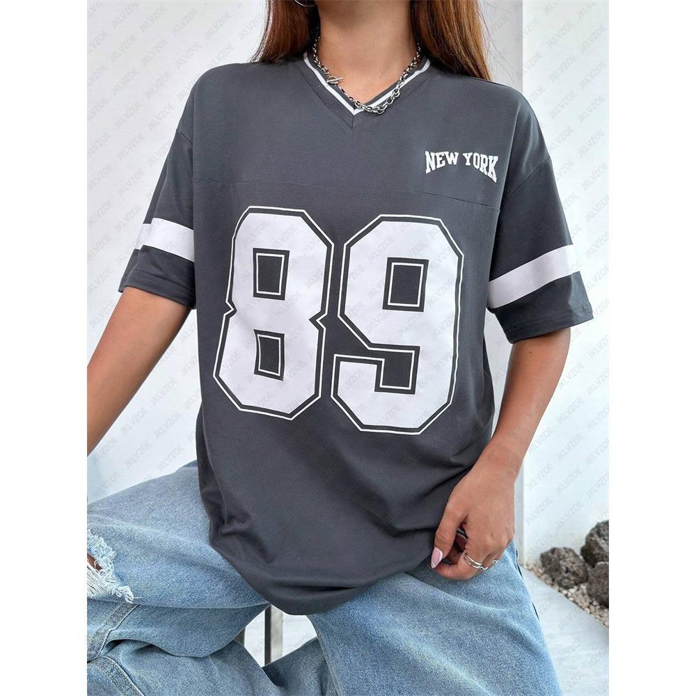 TShirt Women Striped V-Neck Tee Summer Oversized Harajuku Trend Short