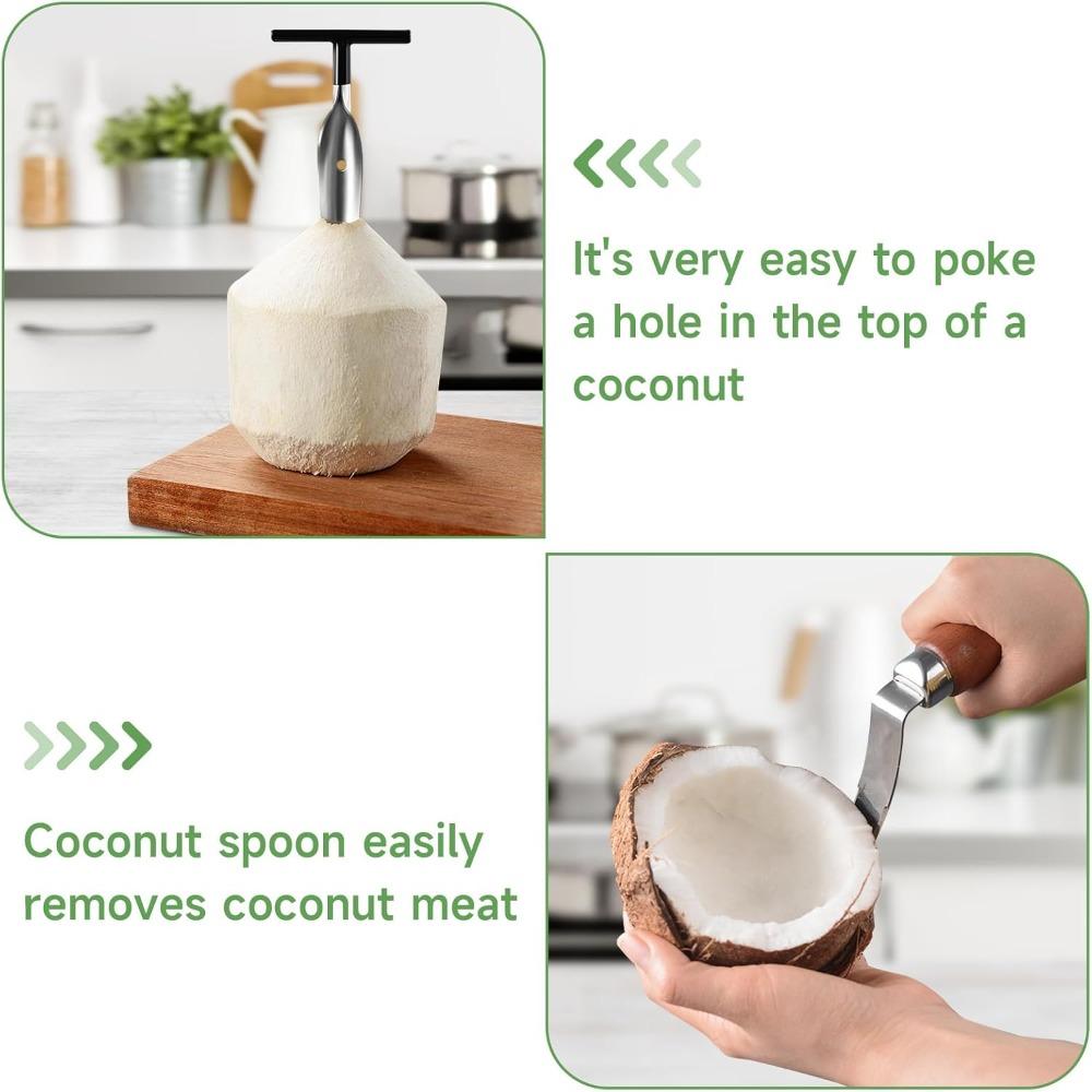 2-Piece Stainless Steel Coconut Cutting Tool Set, Coconut Hole Puncher and Meat Removal Scraper with Durable Non-Slip Handle