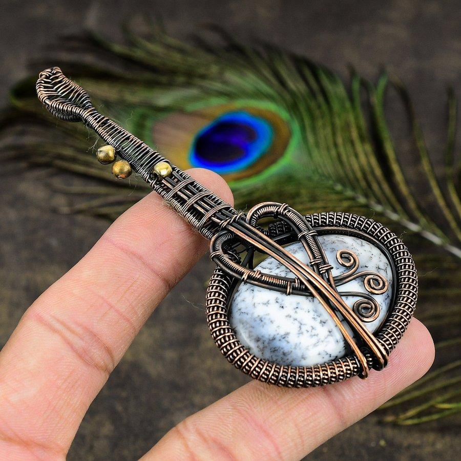 Natural Dendrite Opal Gemstone Handmade Copper Wire Wrap Pendant 4.14 A8t84