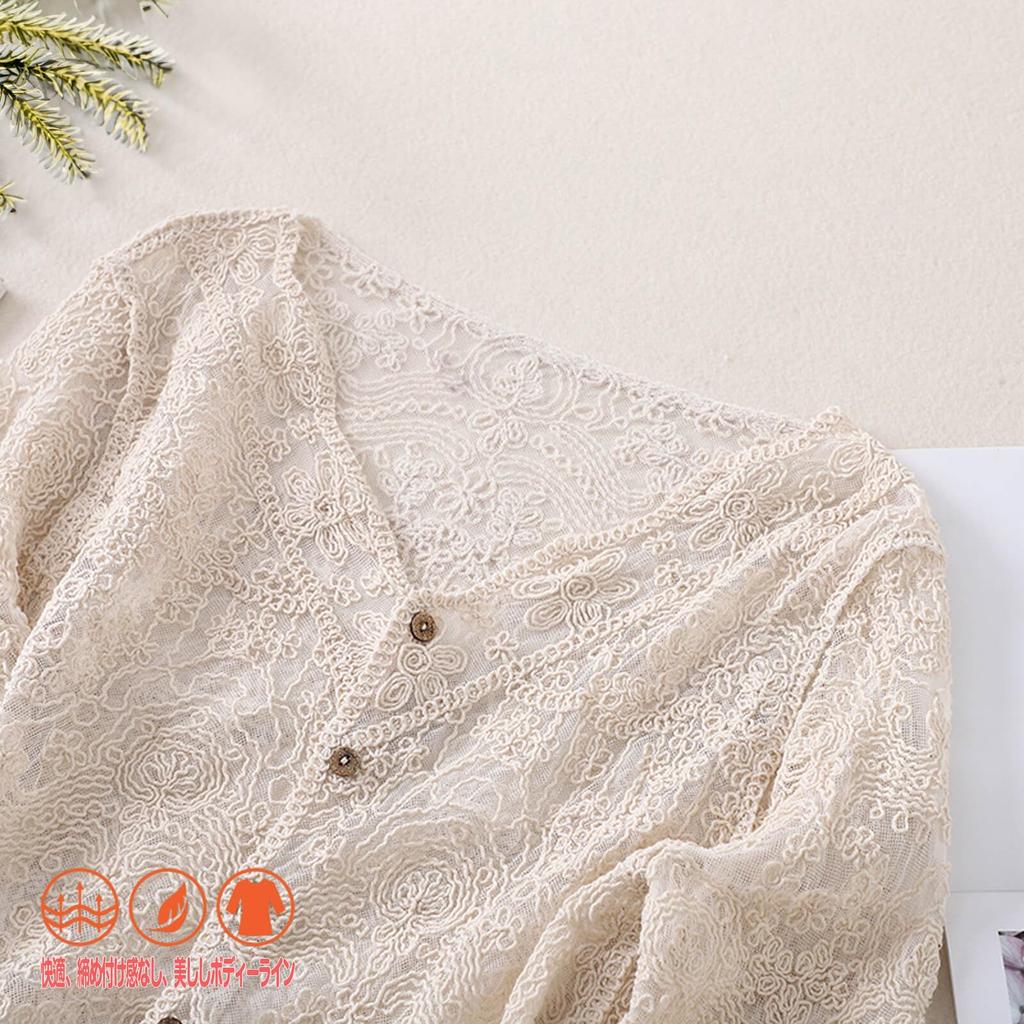 Lace Shirt UV Air Conditioning Sheer Floral Long Openwork Perfect for and Outings [fourfivesix Haru] Women's Blouse, Protection, Protection, Top,
