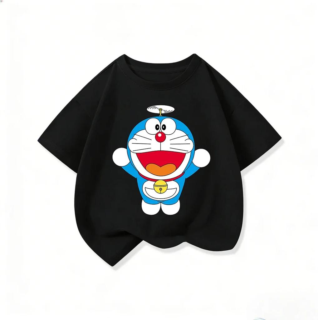 Cute Boys Girls Short Sleeve T Shirt Doraemon Cartoon Pattern Crew Neck Comfort Summer Casual Daily Wear 3 To 14Y