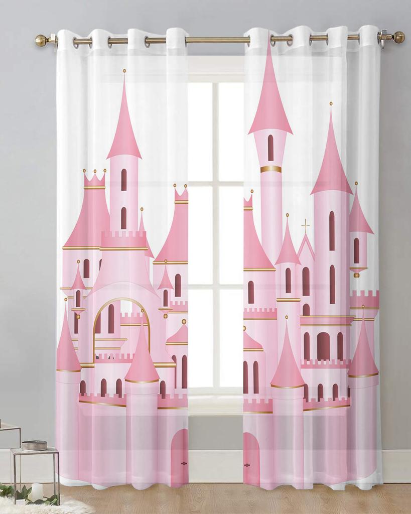 Pink Cartoon Castle White Sheer Curtains for Living Room Decoration Window Curtains for Kitchen Tulle Voile Organza Curtains