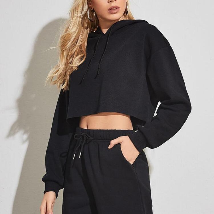 

Sexy Women s Cropped Hooded Sweatshirt Fashion Navel Top Long Sleeve Pullover M чорний