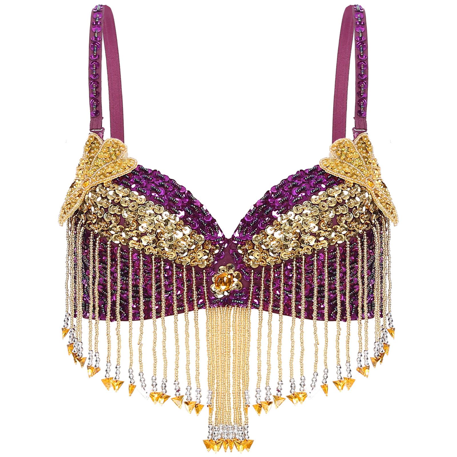 

Жіночий блискучий топ з паєтками для танцю живота, регульовані бретелі, пластикові китиці з бісеру, бюстгальтер на кісточках One Size фіолетовий