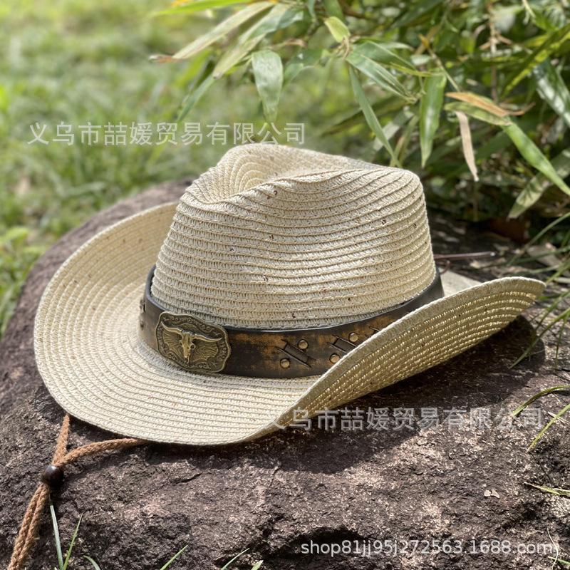 Western Europe, America, cowboy hats, men's and women's spring and summer outdoor travel, sunscreen, sunshade belt, cow head sequined straw hat