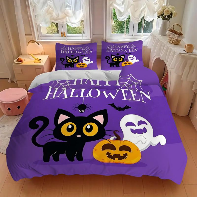 3pcs Happy Halloween Cat Spider Ghost Printed Quilt Set - Includes 1 Quilt Cover and 2 Pillowcases, Machine Washable - Suitable for All Seasons.H