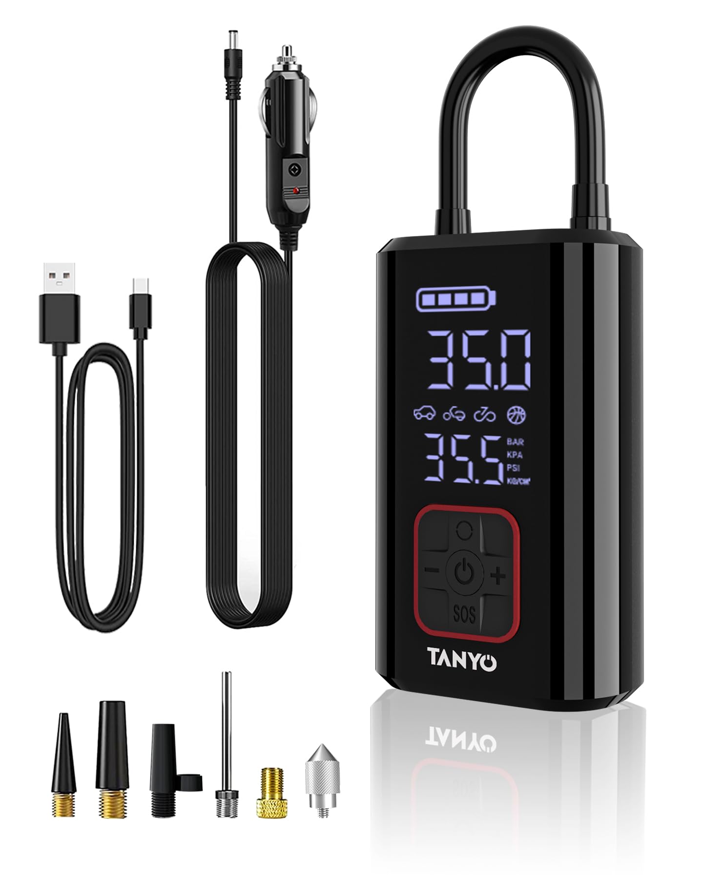 

Электрический воздушный насос TANYO для автомобиля, воздушный насос, велосипед, перезаряжаемый, максимальное давление 150 фунтов на кв. дюйм, многофункциональный электрический воздушный насос, давление воздуха может быть