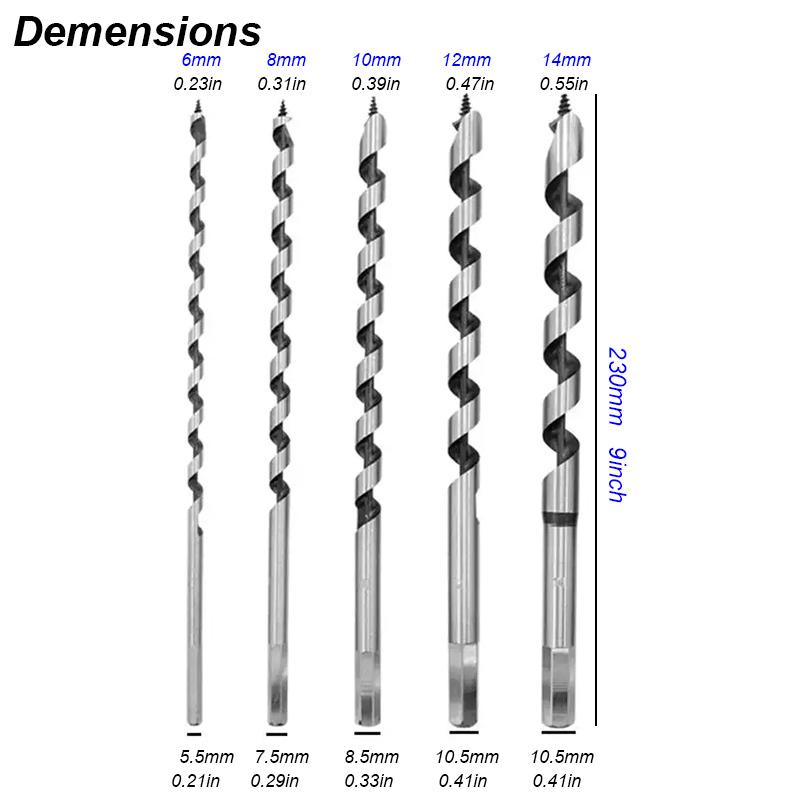 Auger Drill Bits Set Extra Long Extension Spiral Twist Brad Point For Wood Deep Hole Hard Soft Plastic Hex Shank Woodworking