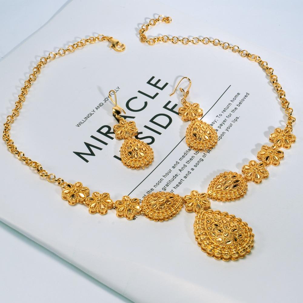 Gifts Gold Color Necklace Earring Set 24K Gold African Bridal Jewelry Sets  Women
