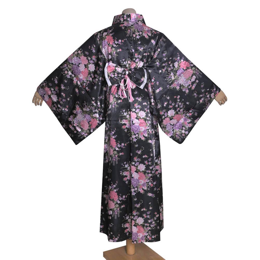 Long Kimono Japanese Style Floral Satin Yukata with Perfect for Fireworks Everyday Summer Kimono Women's Dress, Obi, Festivals, Wear, (KL02-Black)