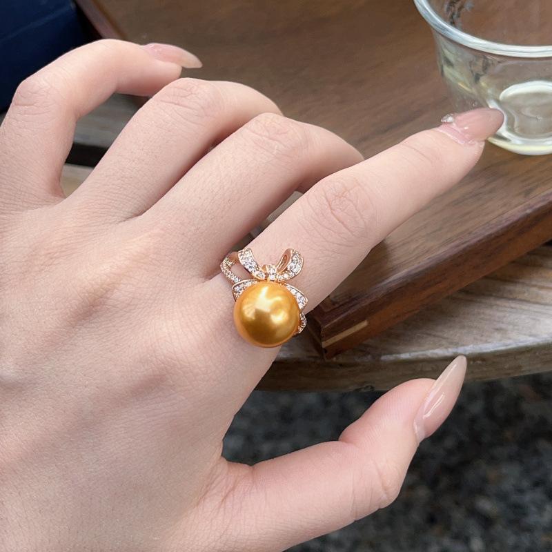 Bow Sparkling Diamond Pearl Ring Women'S High-End Ring Temperament Exquisite Jewelry