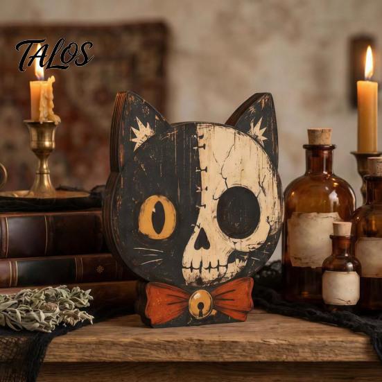 Retro Crackled Paint Ornaments Halloween Wooden Ornaments, Distressed Pumpkin/Cat Decorations, Desktop & Wall Textured Wood Craft Decors for