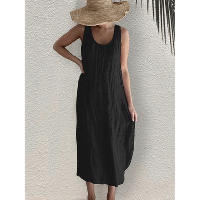 Vestido casual holgado de verano de algodón y lino sin mangas con cuello redondo para mujer con bolsillos
