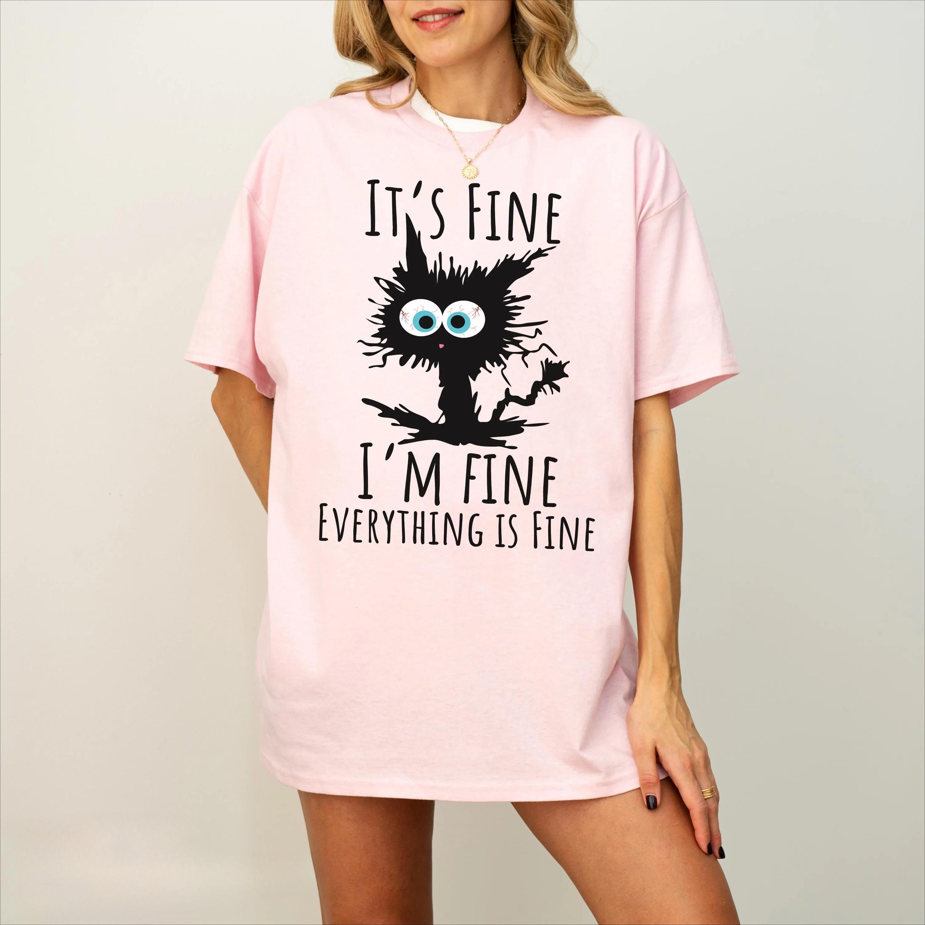 

2026 Summer Retro Womens Its Fine Cat TShirt Unisex Cotton and Breathable Short Sleeve Oversized Loose Casual 4XL