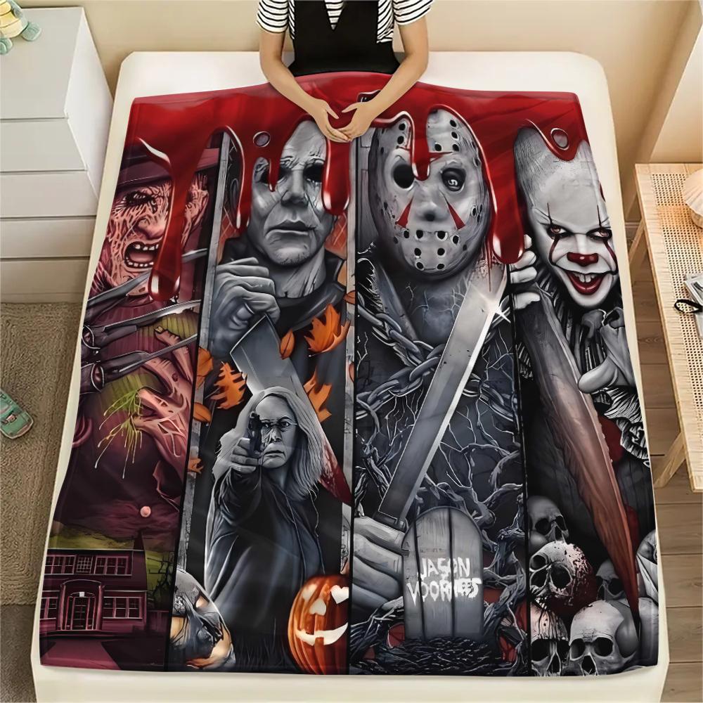1 szt. Koc flanelowy z nadrukiem z filmu grozy, Wysokiej jakości, Wygodny na wszystkie pory roku, Wystrój domu, Ciepło i komfort, Idealny na prezenty świąteczne