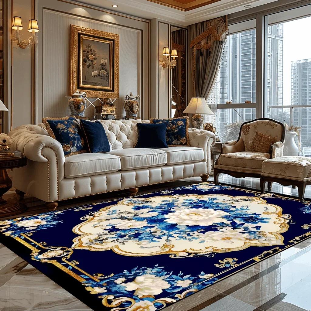 Deluxe European Style Carpet for Living Room Blue Home Decor Bedroom Tea Table Soft Rug Washable Short Plush Lounge Floor Mats