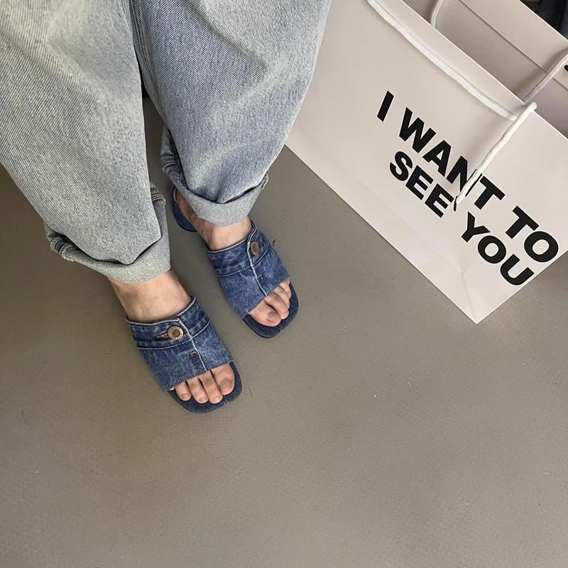 Summer Design Sensation Small Crowd Thick Heel Slippers Fashion Retro Denim High Heel Slippers Women Shoes Pig Feet Slipper