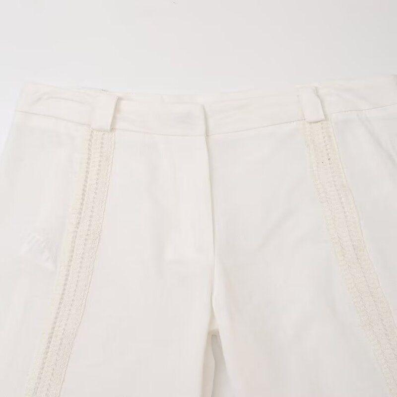 Fashion Style 2024 Autumn New Women's Mid-Waist Easiest for Match Linen Blended Crochet White Pants 4786262