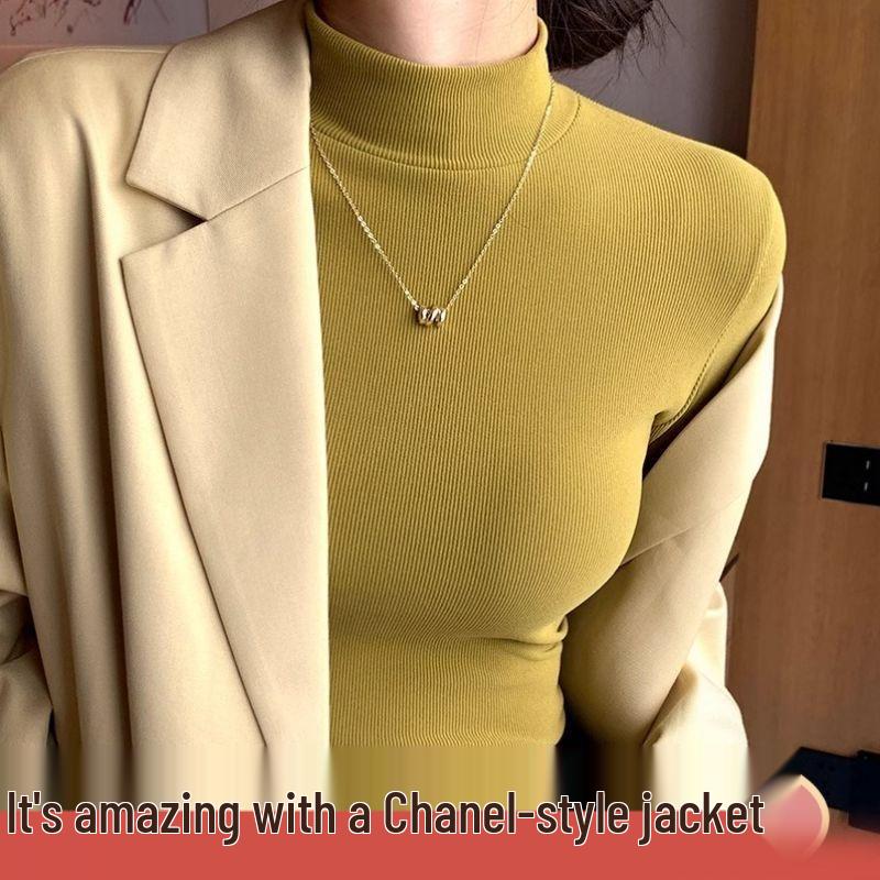 Elegantní dámské pletené tričko s polozvýšeným krkem - Lehký luxus, s dlouhým rukávem a tenké na podzim/jaro.