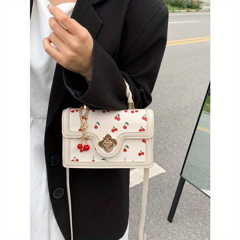 Fashionable High-Class Lady Square PU Handbag, Cute Cherry Printed Shoulder Bag for Shopping, Dating, and Crossbody, Kawaii Cherry Elements Valentines