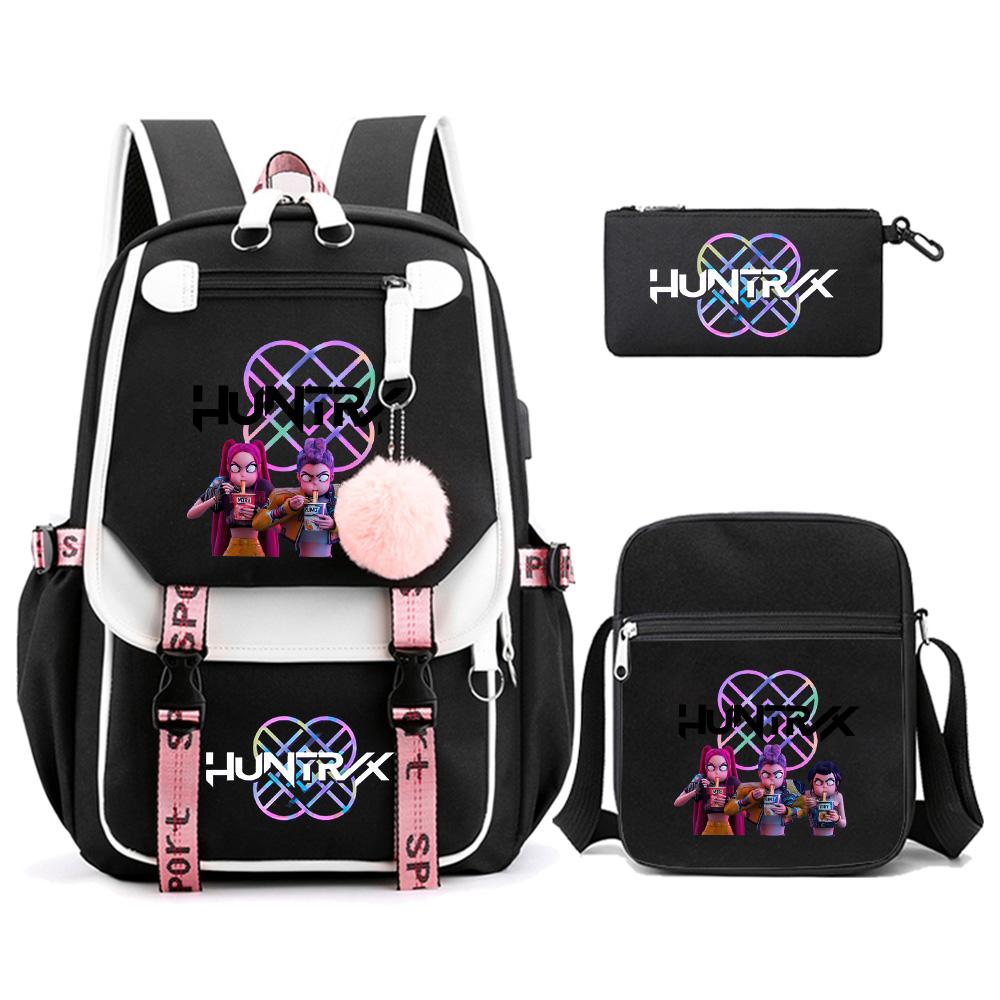 3 szt./zestaw K-pop Demon Hunters Plecak z nadrukiem z torbą na ramię piórnik dla nastolatka dziewczyny chłopca tornister dużej pojemności torba podróżna prezent dla dziecka plecak