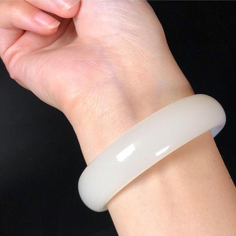 Natural White Hetian Jade Bangle: Xinjiang Golden Silk Jade, Wide Design - Gift for Women