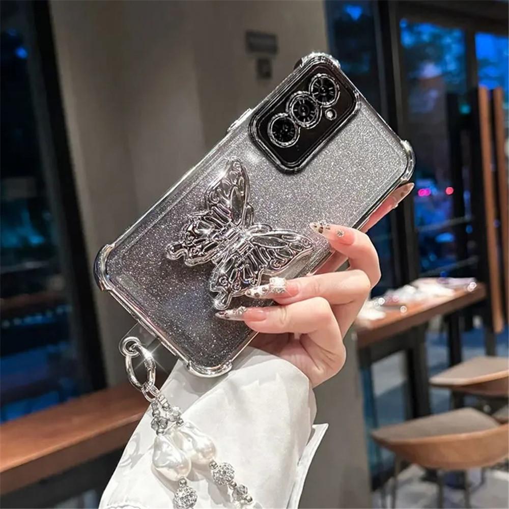 Pearl Bracelet Butterfly Stand Phone Case For Xiaomi Redmi 15C 15 14C 13 13C 13X 12 12C 10C 9A 9C A3 A5 Glitter Shockproof Cover