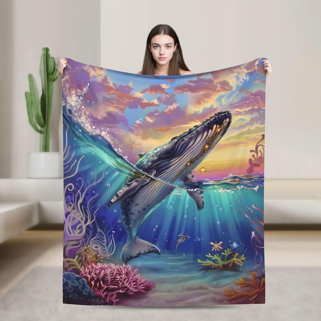 Colorful whale and wave pattern Flannel printed blanket suitable for all seasons suitable for living room office sofa and travel