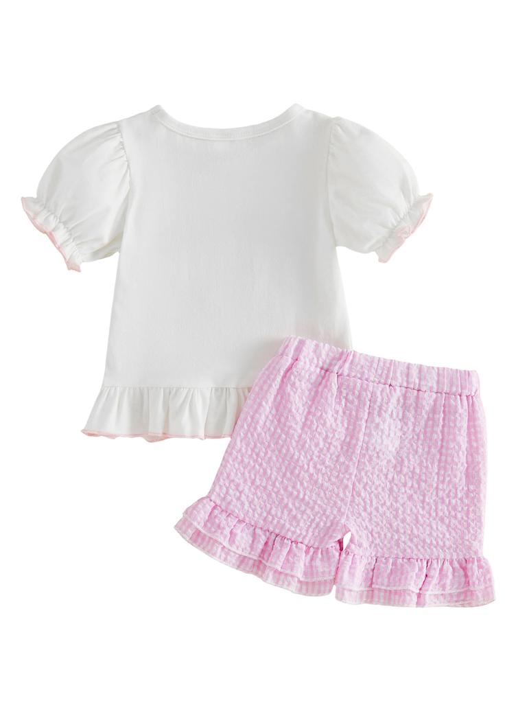 Cute Girls 2-Piece Set with Floral Embroidered Short-Sleeve Top and Checkered Shorts Perfect for Summer Fun