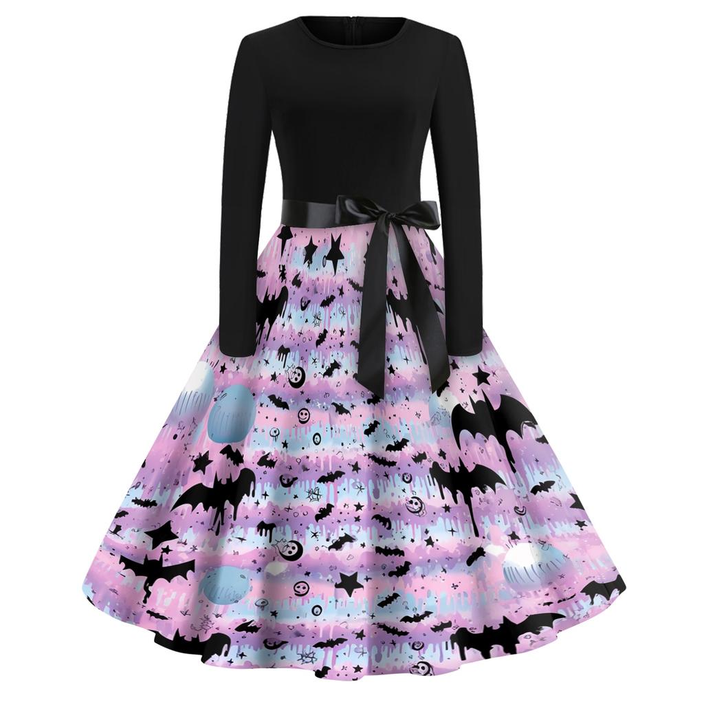 Women Casual Long Sleeve Dress Vintage Round Neck Floral Print Midi Dress with Waist Tie for Halloween Party