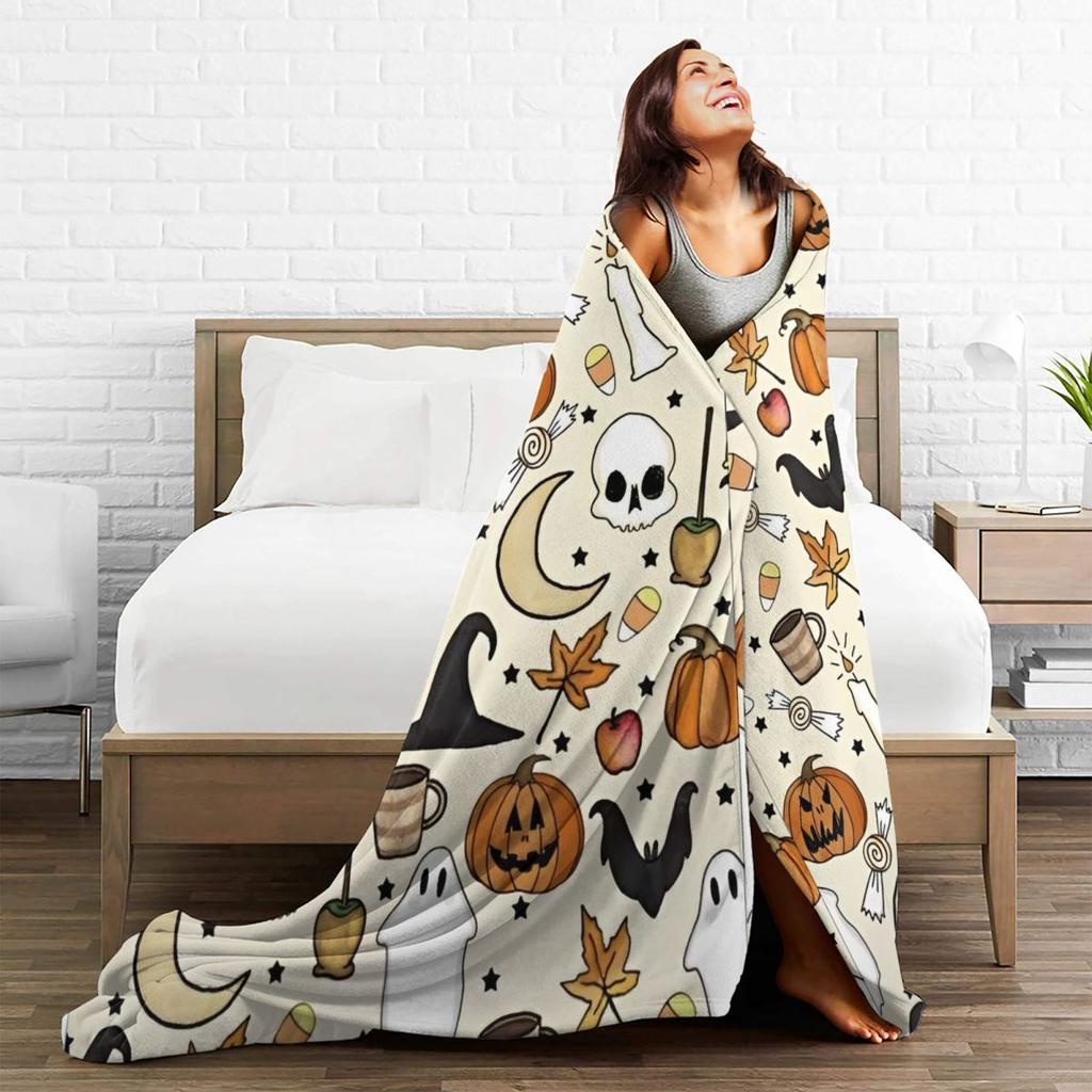 Halloween Pumpkins Spooky Blanket Fleece Print Gothic Ghost Cartoon Multifunction Ultra-Soft Throw Blankets for Bed Couch Quilt