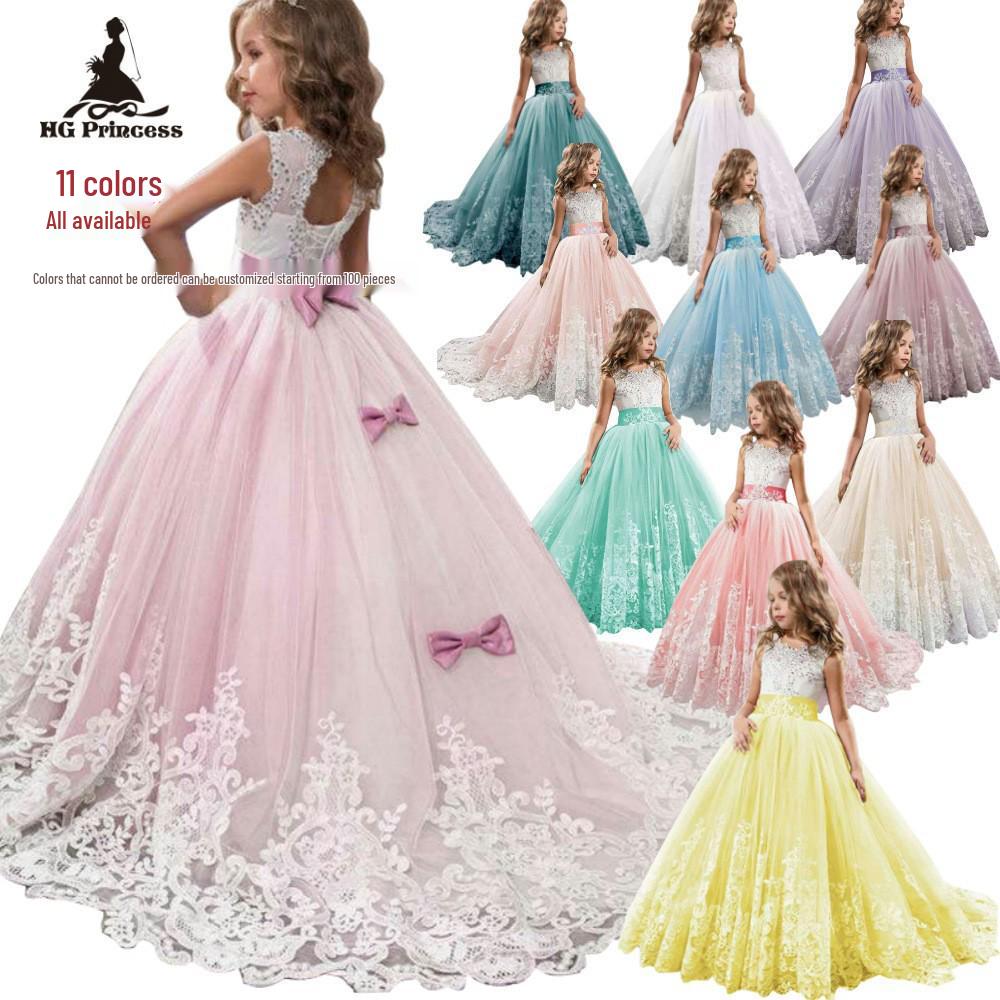 Elegantes Prinzessinnenkleid mit Puffärmeln und Spitze für Mädchen - Formelles Hochzeits-Blumenmädchenkleid mit Schleppe