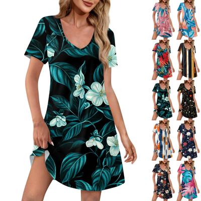 Women's Fashion Casual Printed With Pockets Bohemian Beach V-Neck Short Sleeve Dresses