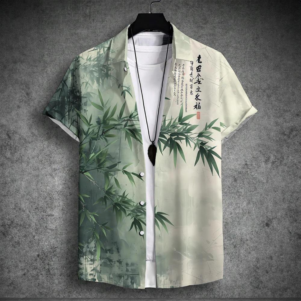 New Men's Short Sleeved Shirt with Chinese Printed Men's Hawaiian Collar Top, Plus Size Casual and Comfortable Men's Shirt