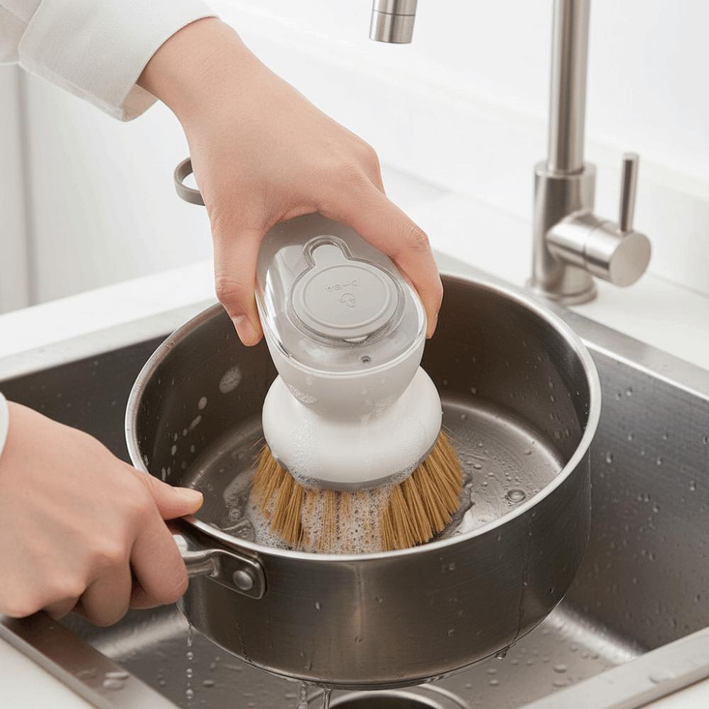 2PCS/SET Press-Type Automatic Liquid Dispensing Pot Brush Efficient Kitchen Scrub  Household Use