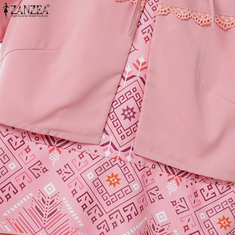 ZANZEA Women Casual Fake Two Piece Patchwork Short Sleeve Print Dress