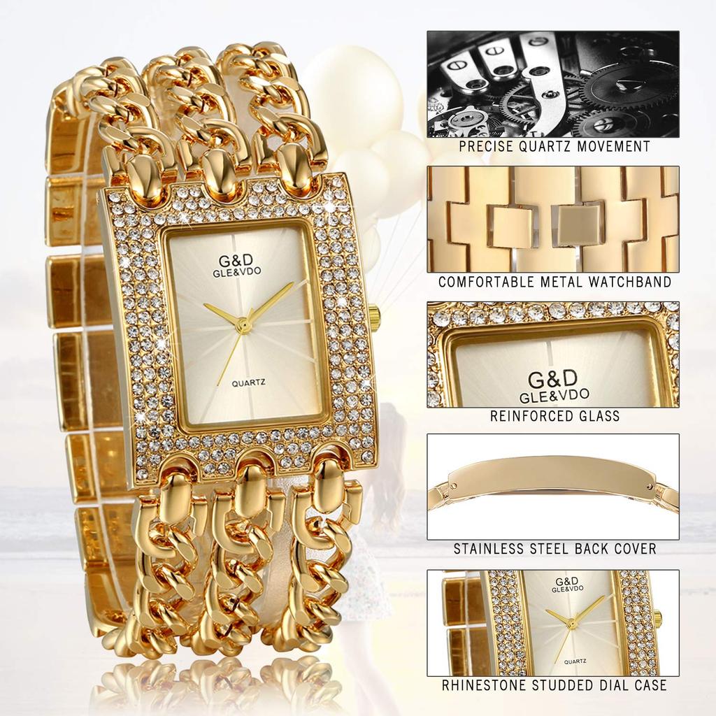 JEWELRYWE Popularna Antyczna Modna Bransoletka Idealny Prezent na Złoty Damski Zegarek, Luksusowy, Błyszczący, Marka, Zegarek, Dla Niej, Córki, Urodziny, Rocznica,
