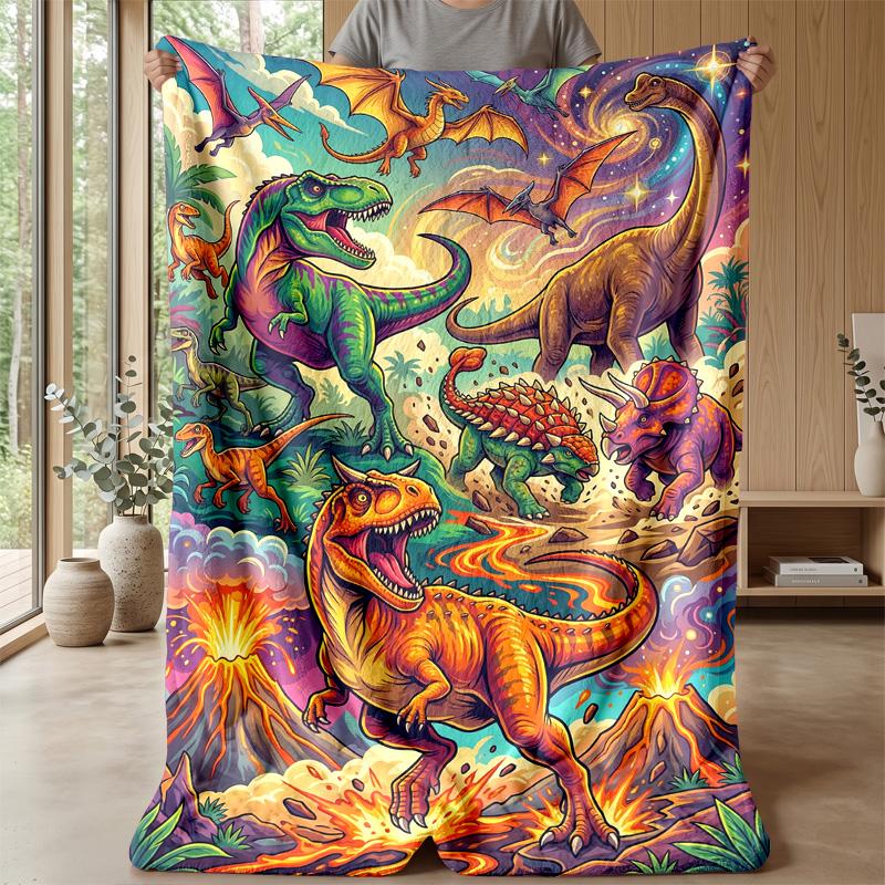 Dinosaur Adventure In Volcanic Land Blanket Personalized Name Flannel Blanket Soft Cozy Plush Throw for Sofa Bed Lightweight Home Decor