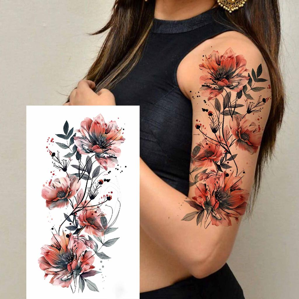 1 Sheet 3D Flower Temporary Tattoos Sleeve For Women Girls Watercolor Peony Rose Sexy Tattoo Sticker Water Transfer Transferable