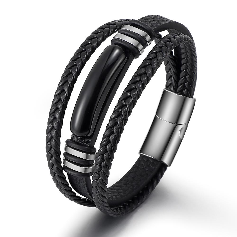 Tiger Eye Stone Multilayer Braided Leather Rope Men's Bracelet Bangles Stainless Steel Jewelry Accessory