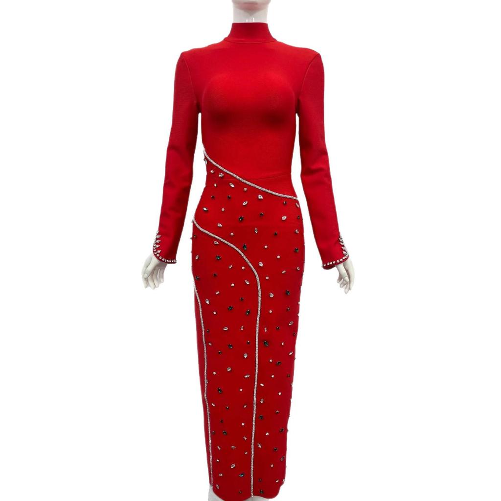 Women's Elegant Rhinestone Round Neck Slim Fit Evening Dress