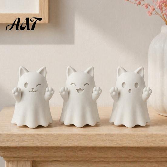 Hand Painted Craft Kits 3D Printed Cute Ghost Cat Figurine, Wink Smile Surprise Spooky Halloween Decor, Unique Party Table Decorations Blank White DIY