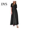 V-neck Long Dress Spring Women V Neck Short Sleeve Loose A-line Pure Color Slimming Ankle Length Maxi Pleated Prom Party Dating